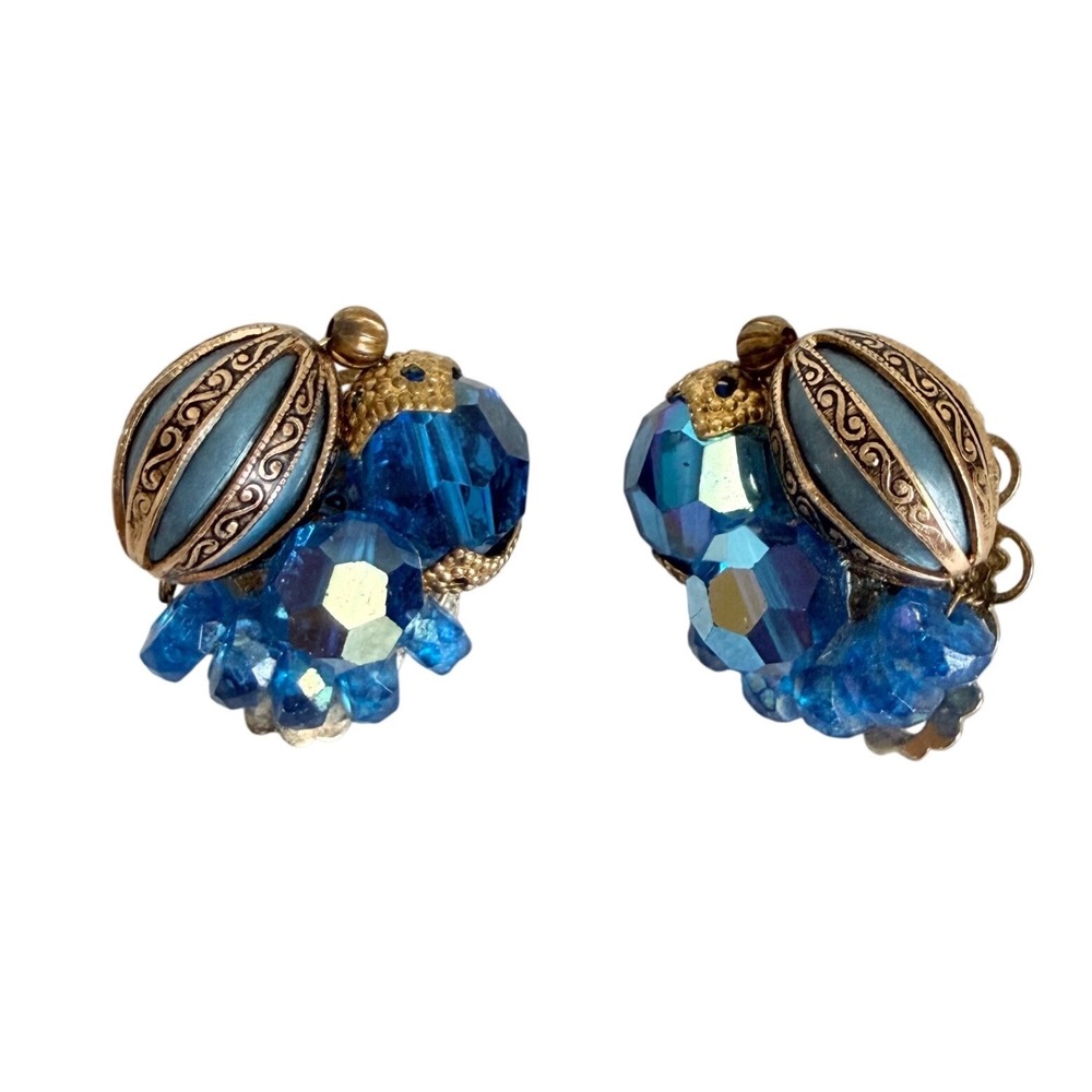 Vintage 1950s Blue AB Crystal Cluster Clip On Earrings Gold Tone Filigree